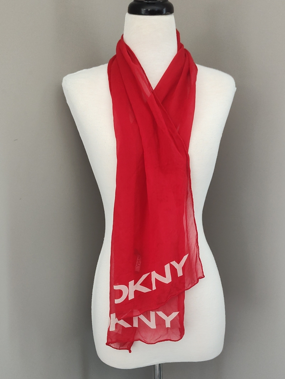 DKNY Red Sheer Crepe Fabric Scarf Featuring Designer Logo